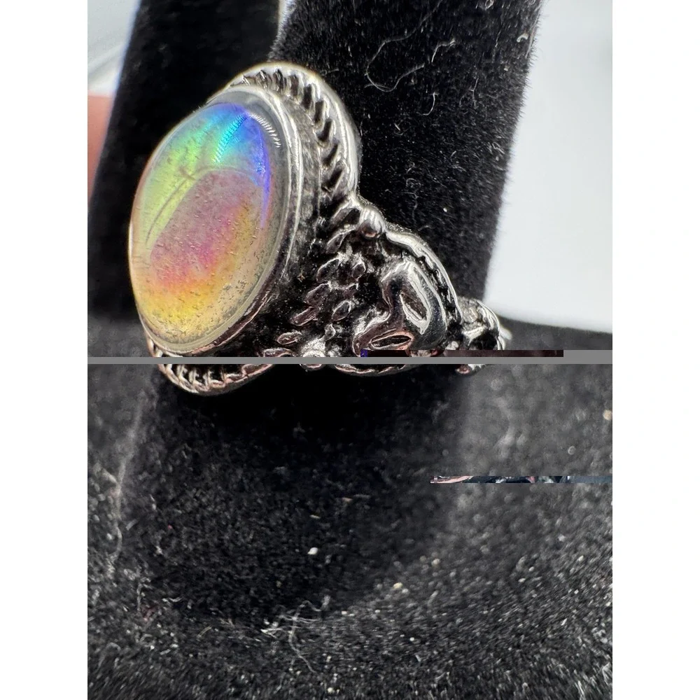 Silver Tone Oval Opal Look Cabochon Boho Vintage Style Ring